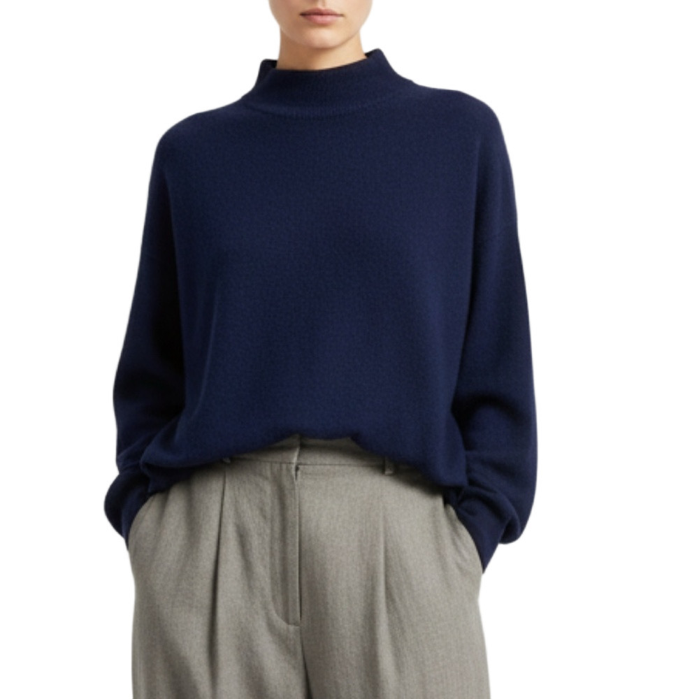 Vtg Ecuadorian 100% Cashmicril faux cashmere dark blue mock neck boxy sweater XL
